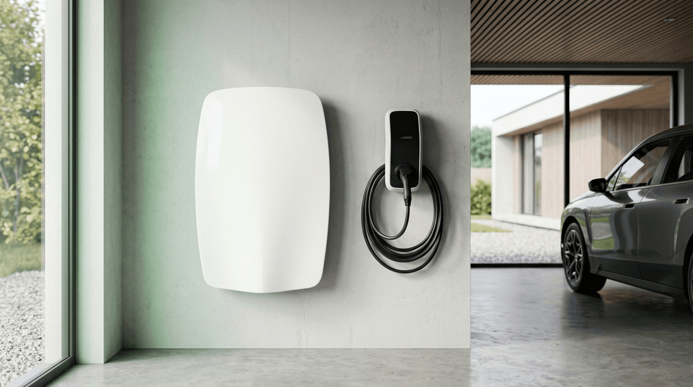 Moderner Stromspeicher und Wallbox an einer Garagenwand